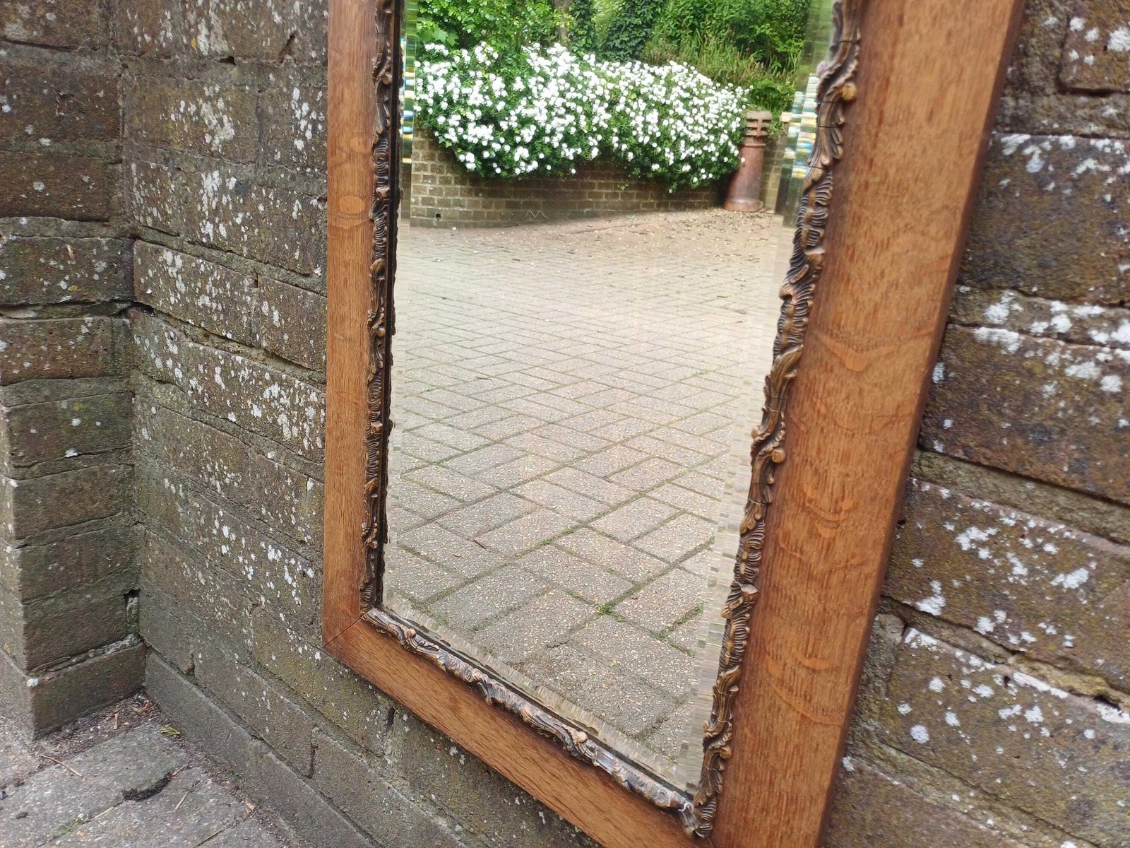 275.0 Large Antique Oak Wall Mirror With Ornate Gold Gesso Bevelled Glass Edwardian Arts And Crafts Hall Bedroom Mirror photo