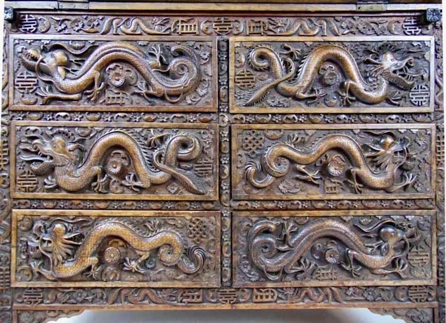 Antique Hand Carved Chinese Export Teak Bureau Wonderful Dragon Carvings photo Furniture