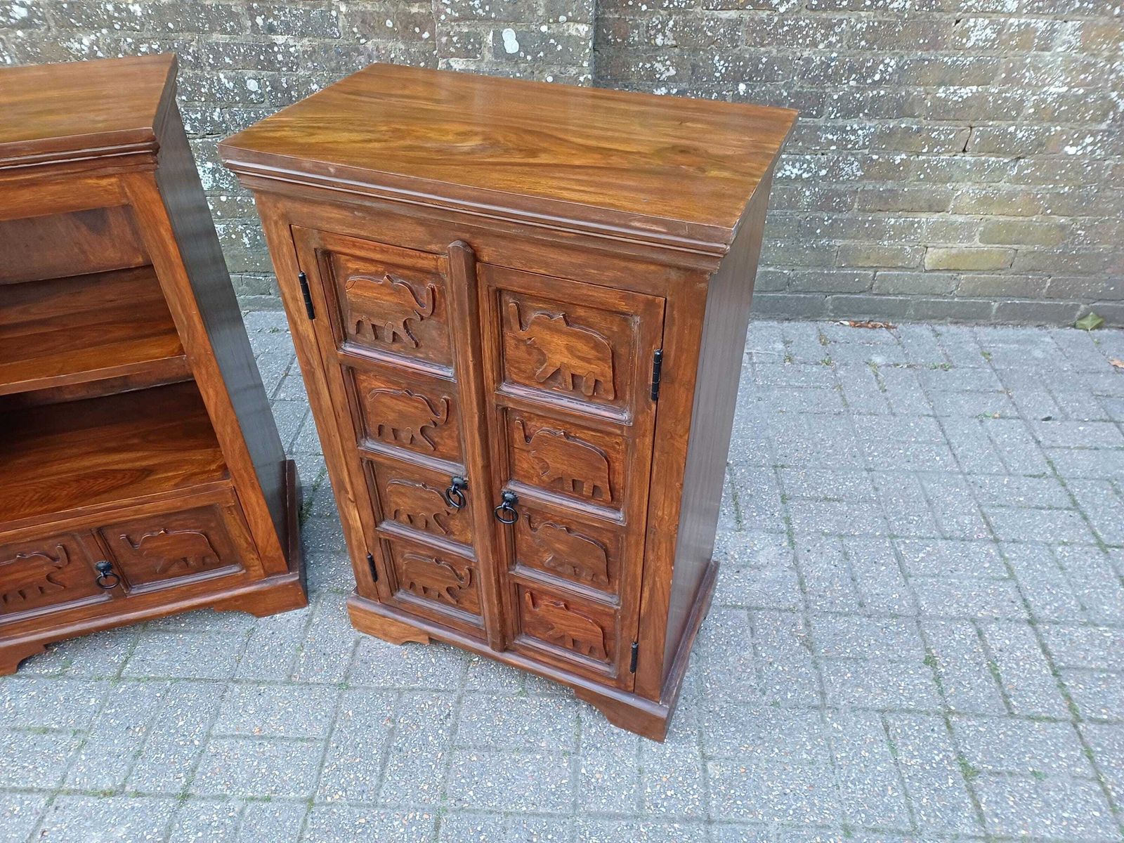 photo buy Pair Vintage Teak Elephant Cupboards Shelving Unit Drawer Cabinet Mid Century Storage Solid Wood Bedside Cabinets