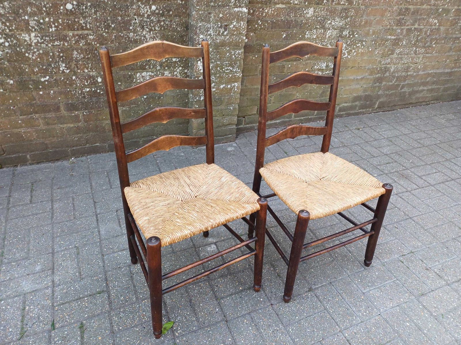Pair Antique Victorian Rush Seat Ladder Back Chairs Beech Mahogany Country Kitchen Dining Chairs Woven Seat Rustic