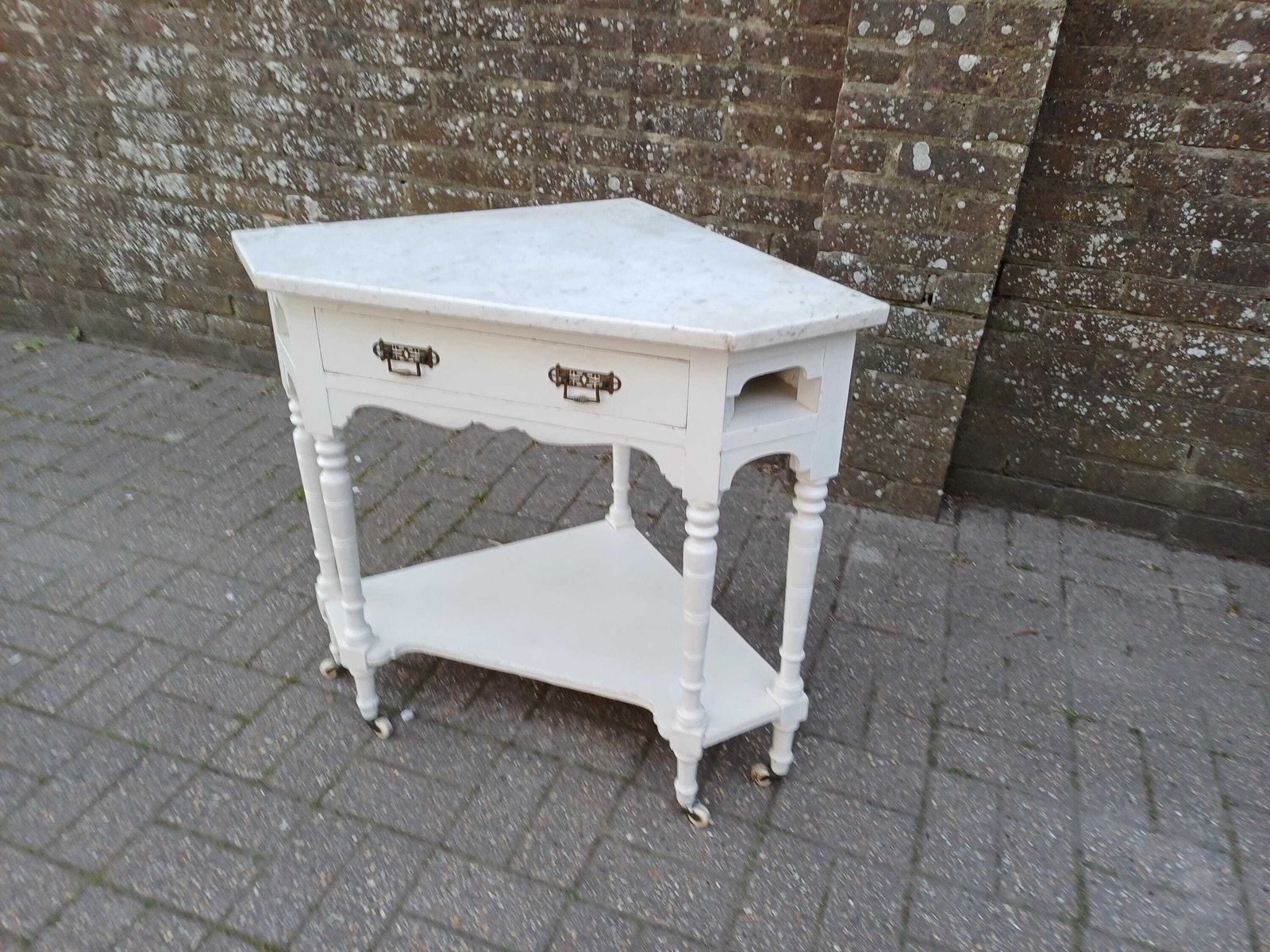 Victorian Marble Top Washstand Painted Antique Side Table Cupboard Storage Brass Handles Turned Legs