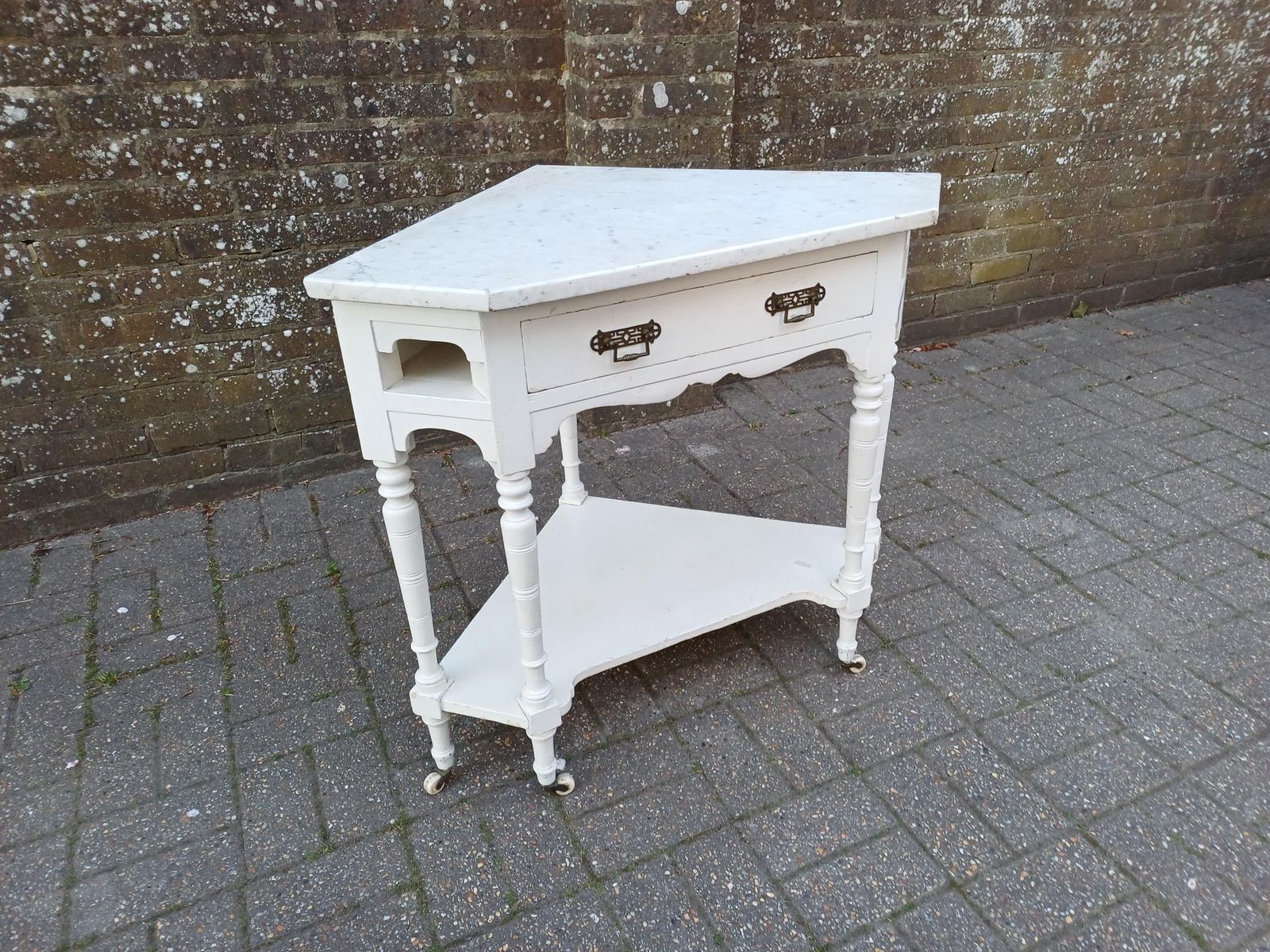 495.0 Victorian Marble Top Washstand Painted Antique Side Table Cupboard Storage Brass Handles Turned Legs photo