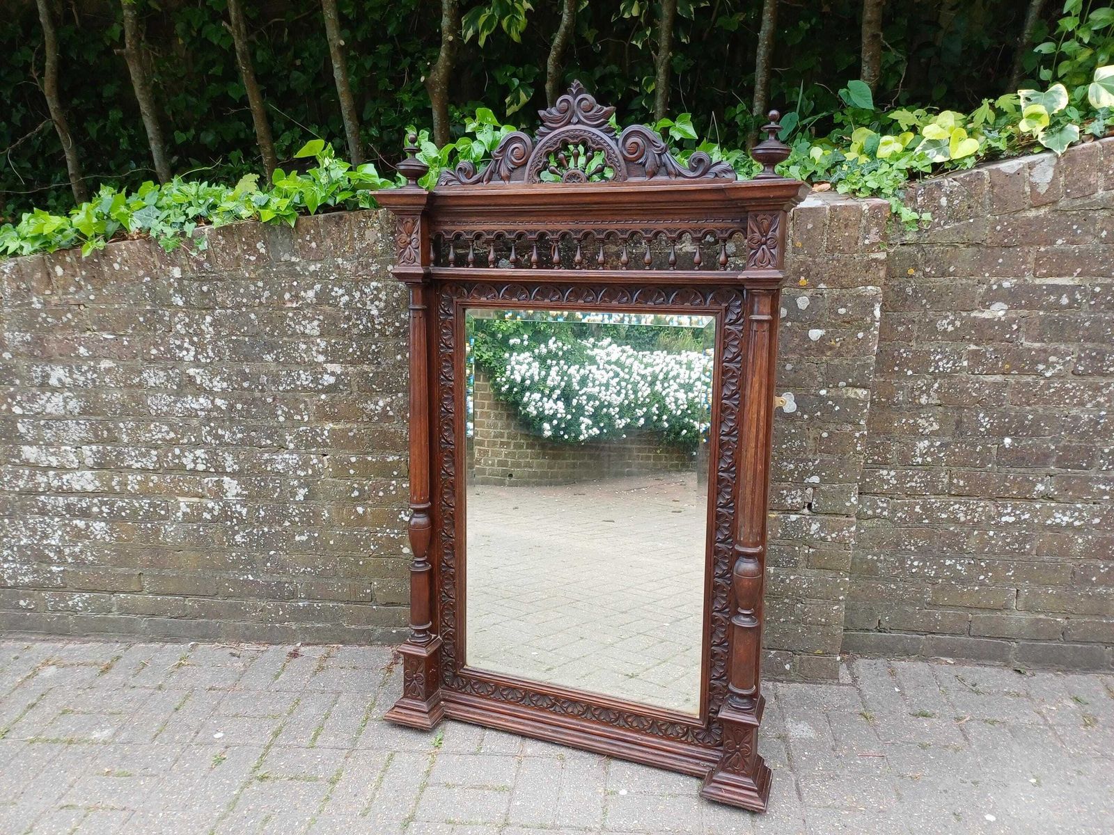 Antique French Over Mantel Mirror Carved Oak Ornate Wall Mirror Bevelled Glass Decorative Pediment Columns