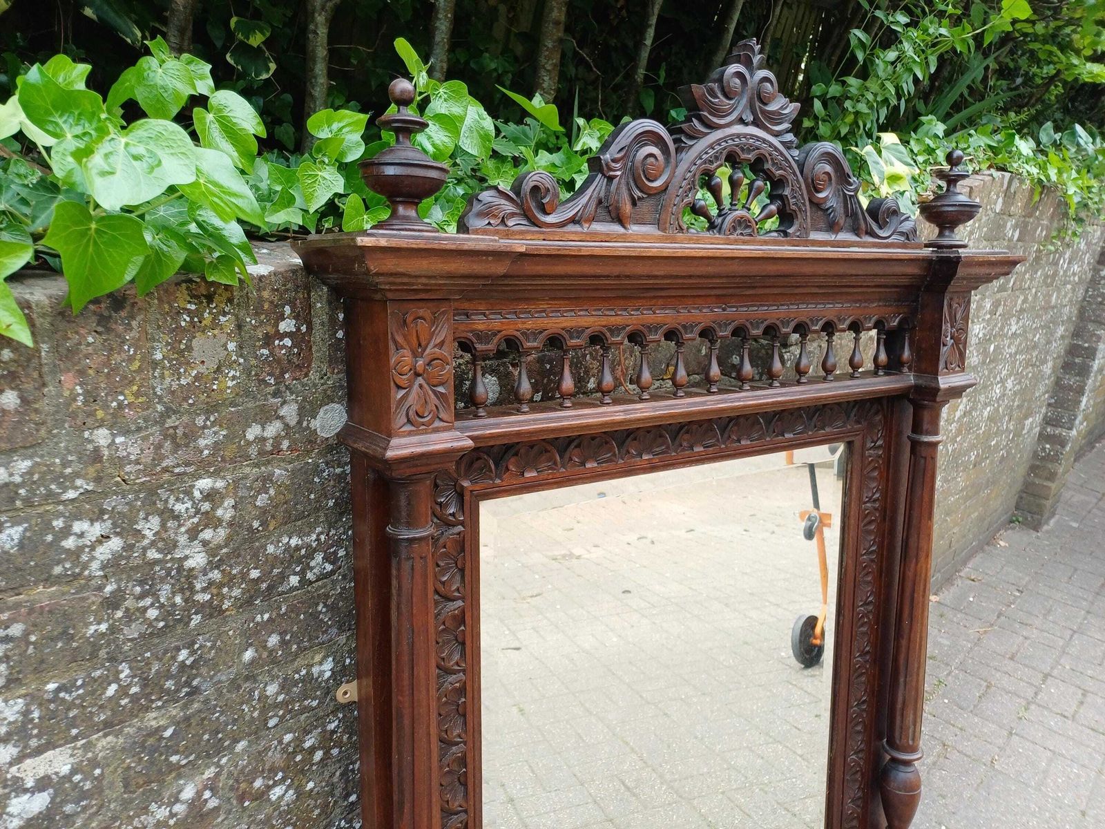 Antique French Over Mantel Mirror Carved Oak Ornate Wall Mirror Bevelled Glass Decorative Pediment Columns photo 895.0