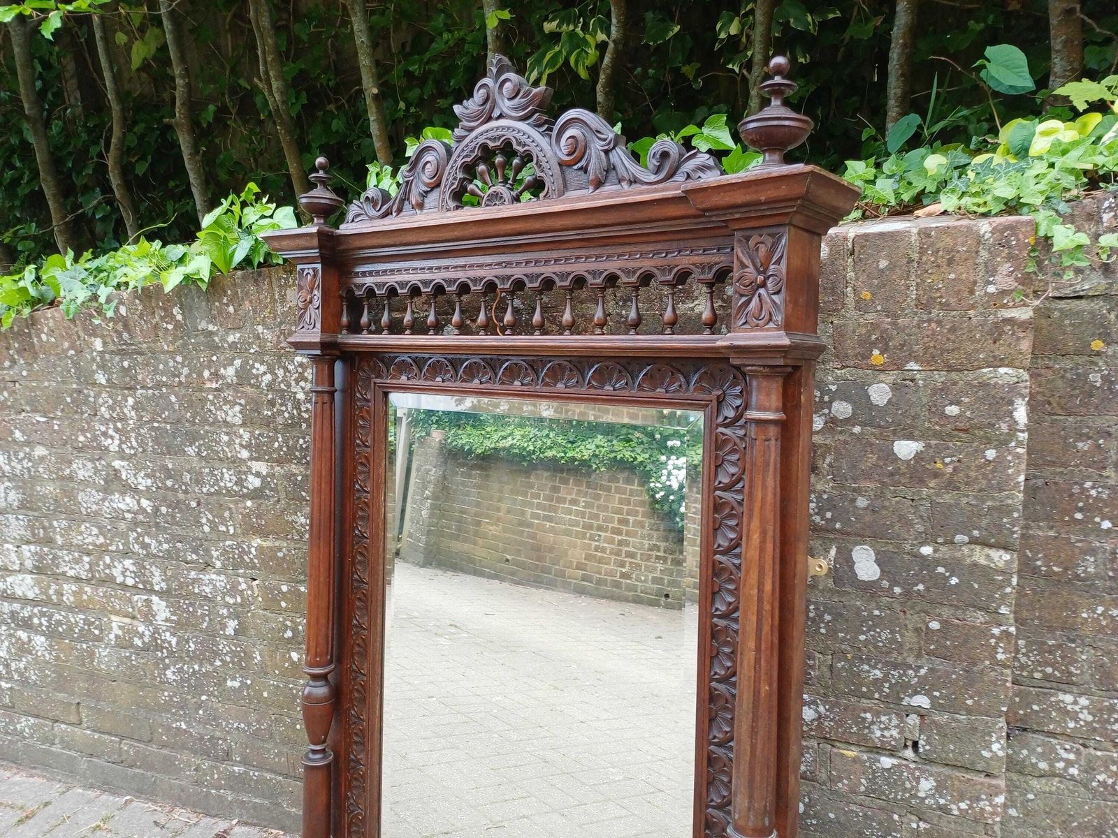 photo for sale Antique French Over Mantel Mirror Carved Oak Ornate Wall Mirror Bevelled Glass Decorative Pediment Columns