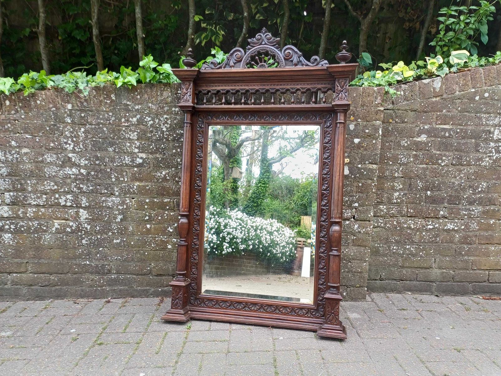 photo buy Antique French Over Mantel Mirror Carved Oak Ornate Wall Mirror Bevelled Glass Decorative Pediment Columns