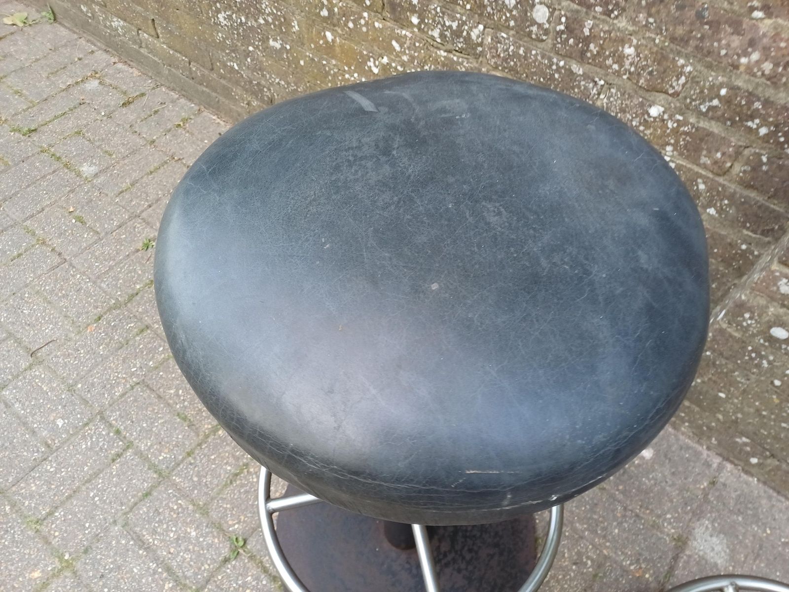 Pair Vintage Industrial Bar Stools 1970s 1980s Heavy Iron Swivel Seats Chrome Footrest Exceptional Quality 32 Kg Each photo furniture