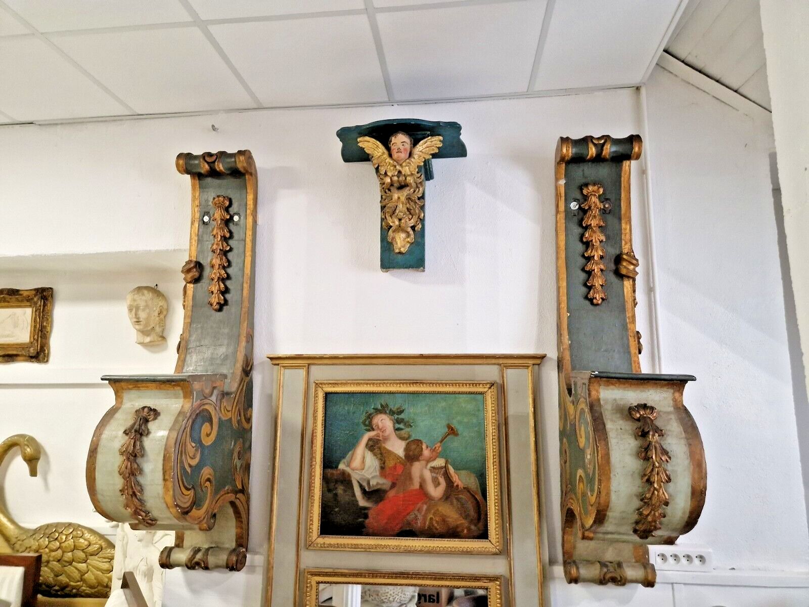 Furniture Pair Of 18th Century Giltwood Corbels Antique Italian Rococo Carved Wood Shelves photo