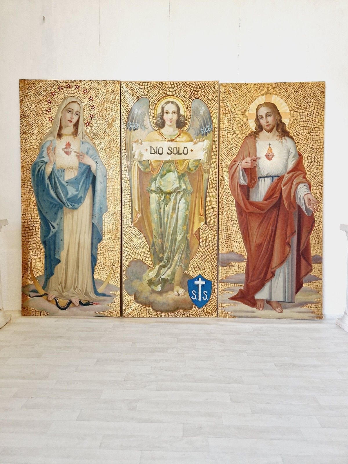 Art Large Antique Italian Religious Triptych Oil Painting Saints Madonna Christ photo