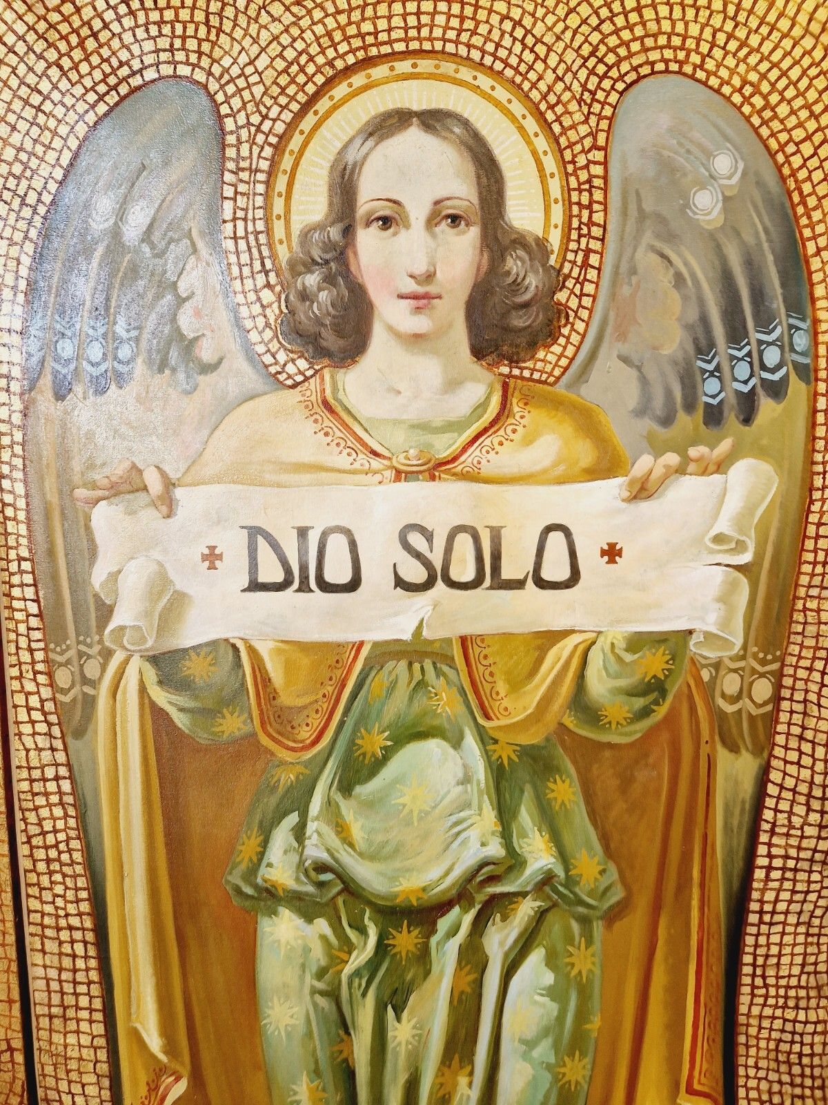 photo buy Large Antique Italian Religious Triptych Oil Painting Saints Madonna Christ