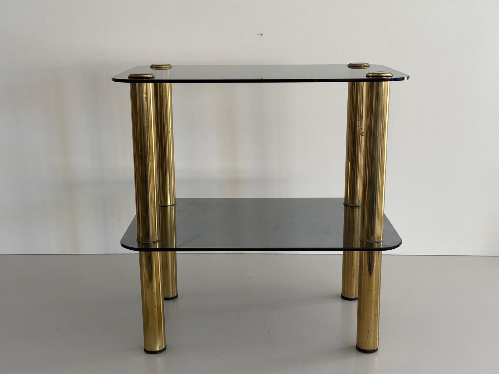 Mid Century Modern Greenish Thick Glass And Brass Legs Side Table, 1960s, Italy photo Furniture