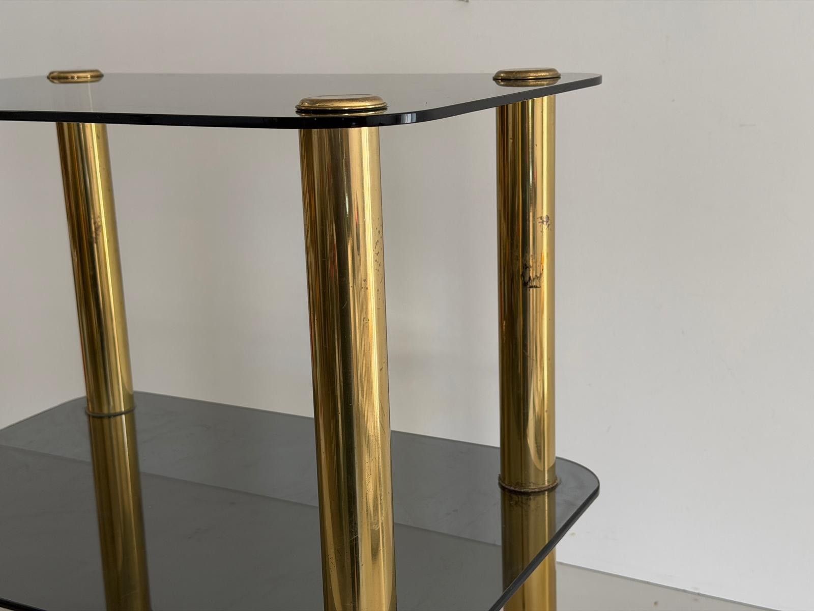 Mid Century Modern Greenish Thick Glass And Brass Legs Side Table, 1960s, Italy photo vintage