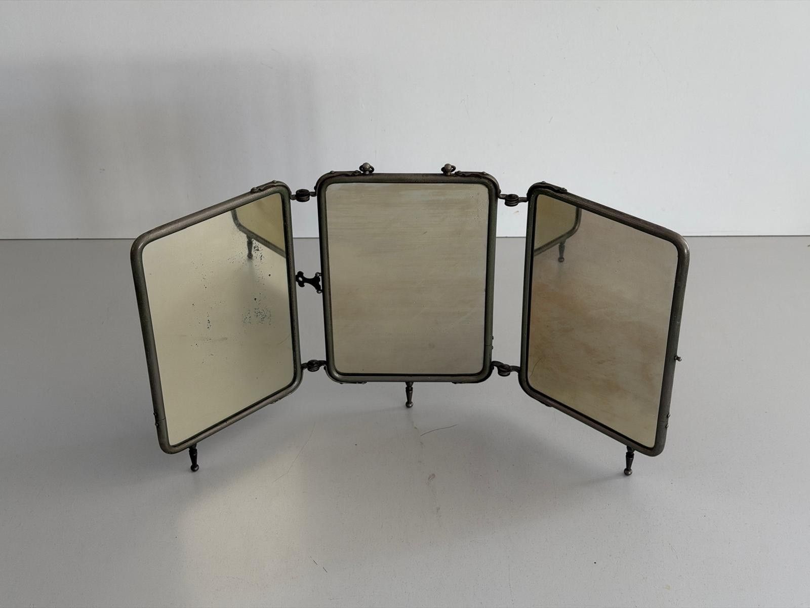 Art Deco 3 Cover Glass Nickel Plated Table Or Wall Vanity Mirror, 1940s, Italy photo vintage