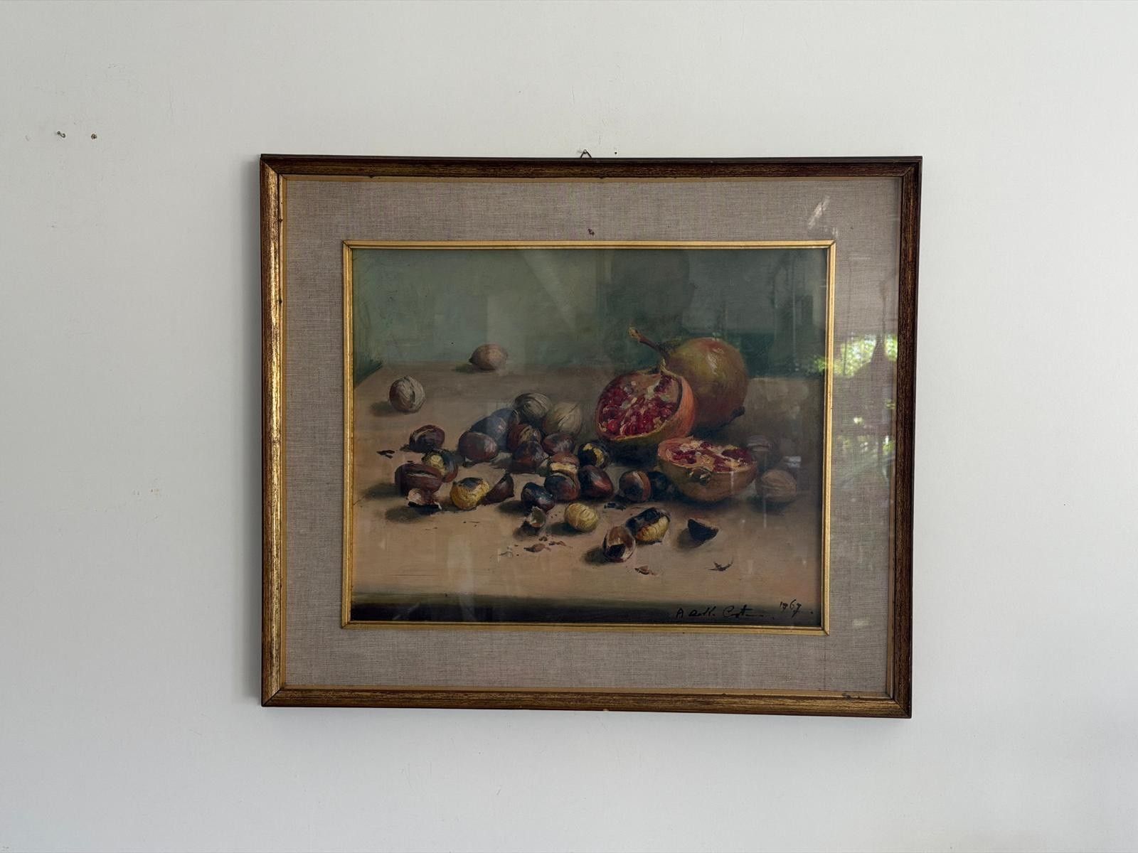 Still Life With Pomegranates And Nuts Signed Oil Painting On Canvas, 1967, Italy photo for sale