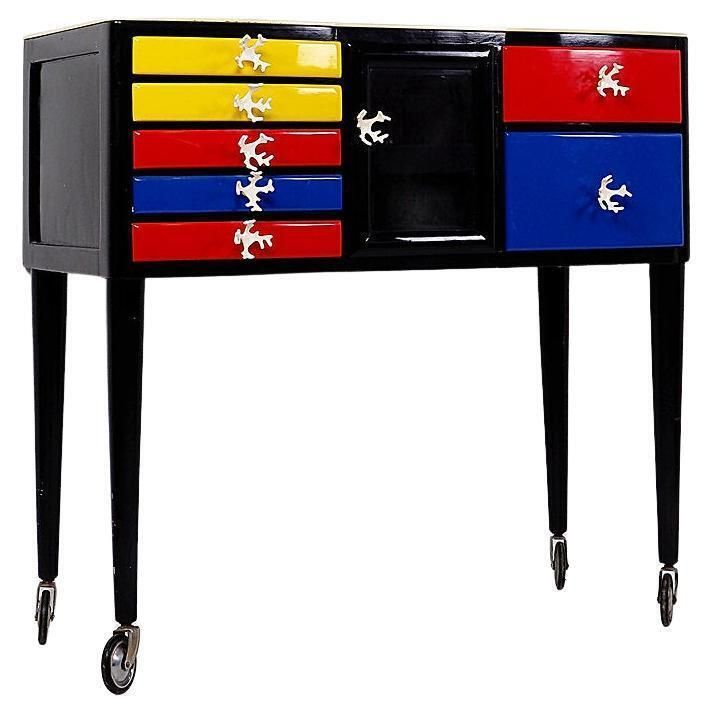 1950s Modern Wood Lacquered Mondrian Colors Dental Cabinet, 87\" H