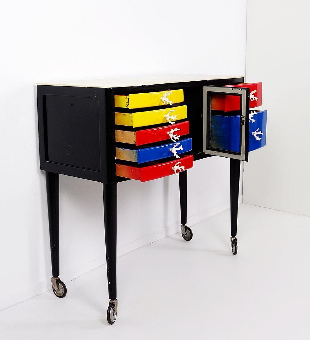 photo for sale 1950s Modern Wood Lacquered Mondrian Colors Dental Cabinet, 87\" H