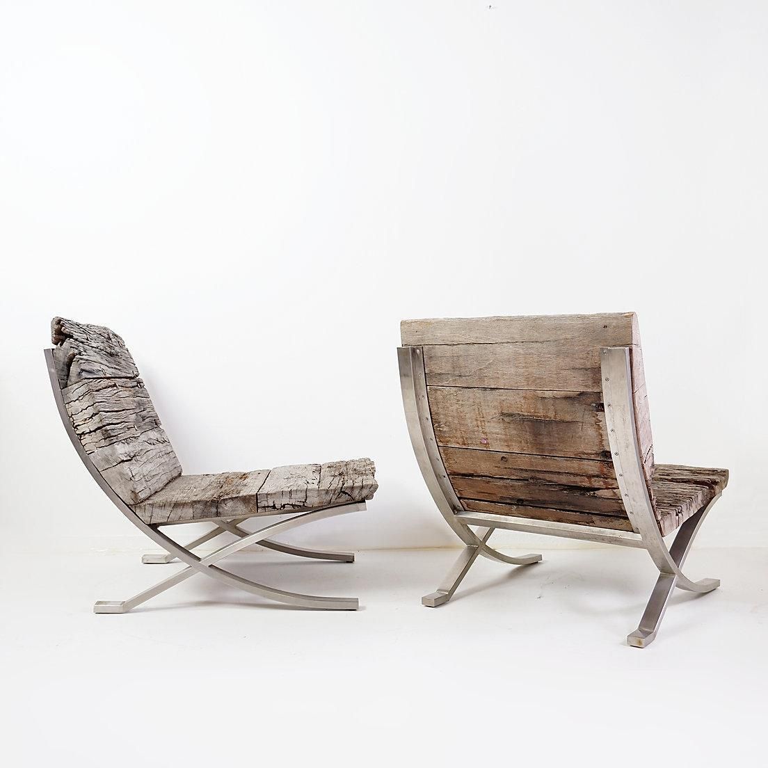 Brutalist Lounge Chairs, Polished Chrome And Wood, 20th Century, Pair photo Furniture
