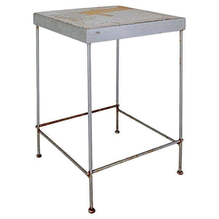 Mid Century Modern Outdoor Side Table With Metal & Stone Top   20th