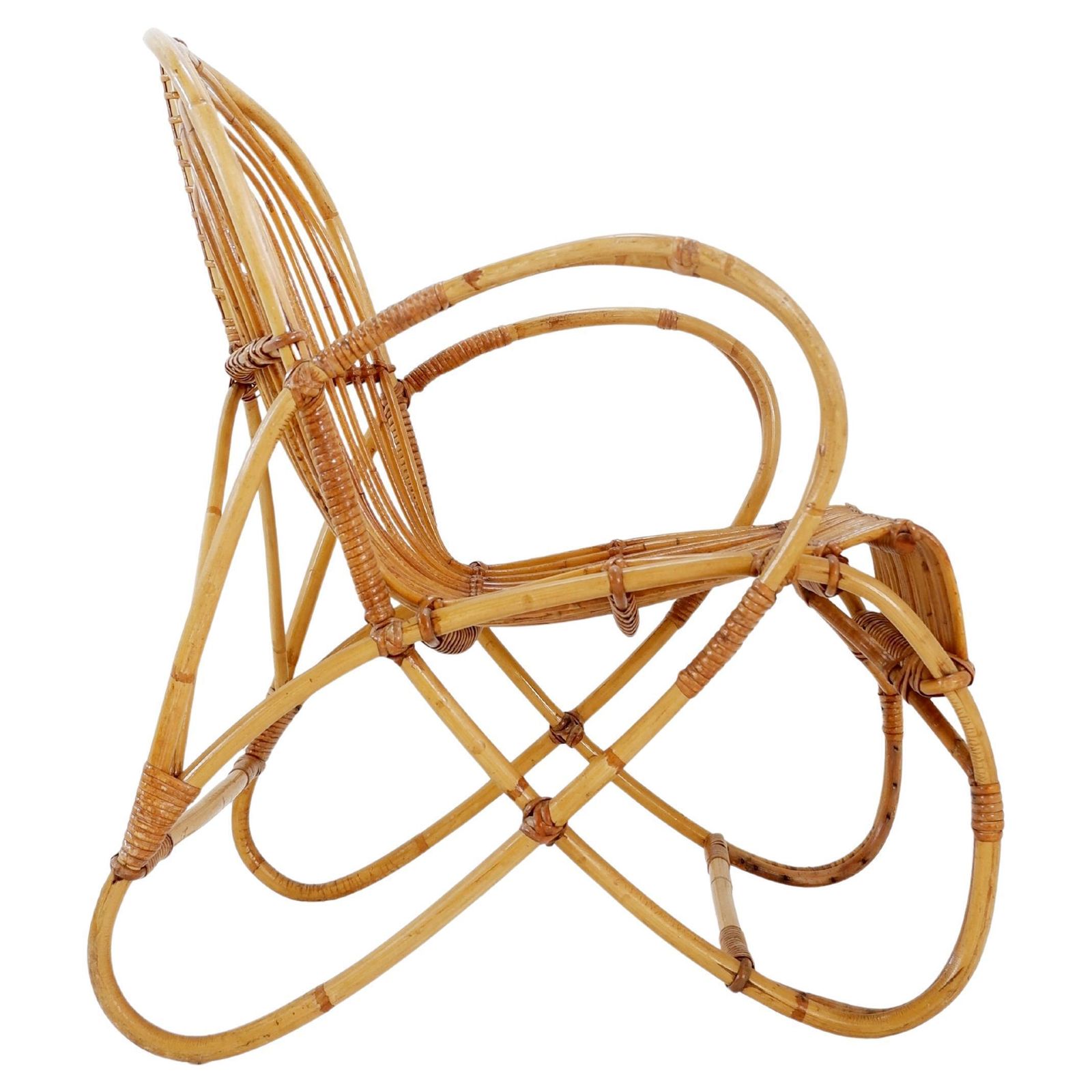 Vintage Curved Rattan And Bamboo Armchair   1960s