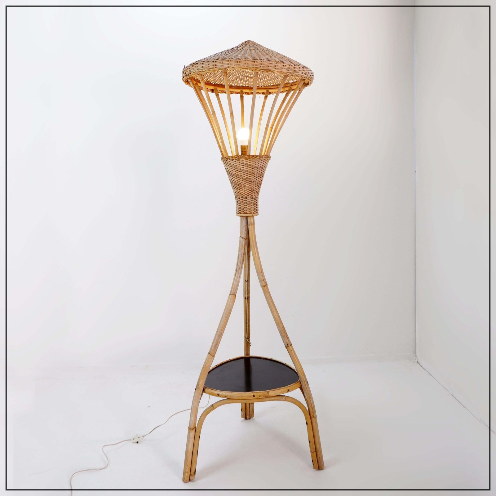 Mid Century Rattan Floor Lamp, Tripod Design, Bohemian Style, 1950s photo furniture