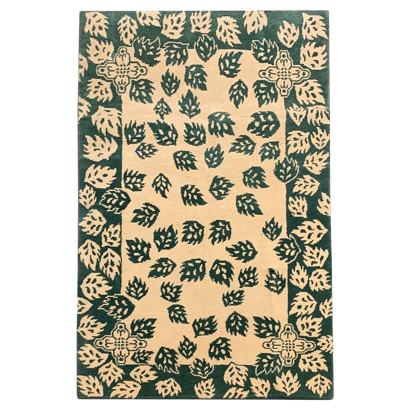 Met de hand geknoopt Indiaas modern vloerkleed, groene bladeren patroon, wol en katoen