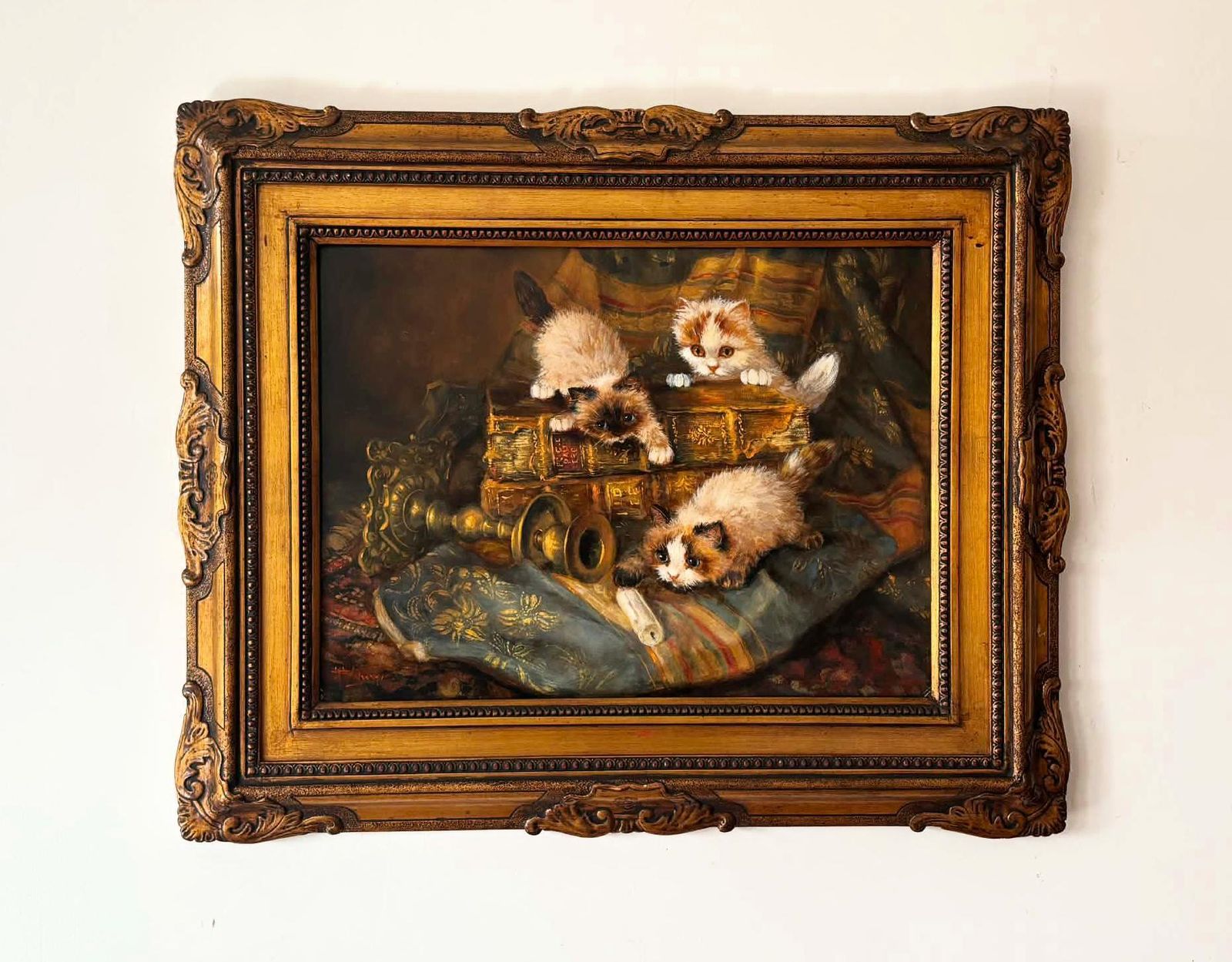 Vintage Oil Painting Kittens Playing, Ornate Gold Frame, Antique Style Cat Art, Collectible Animal Painting