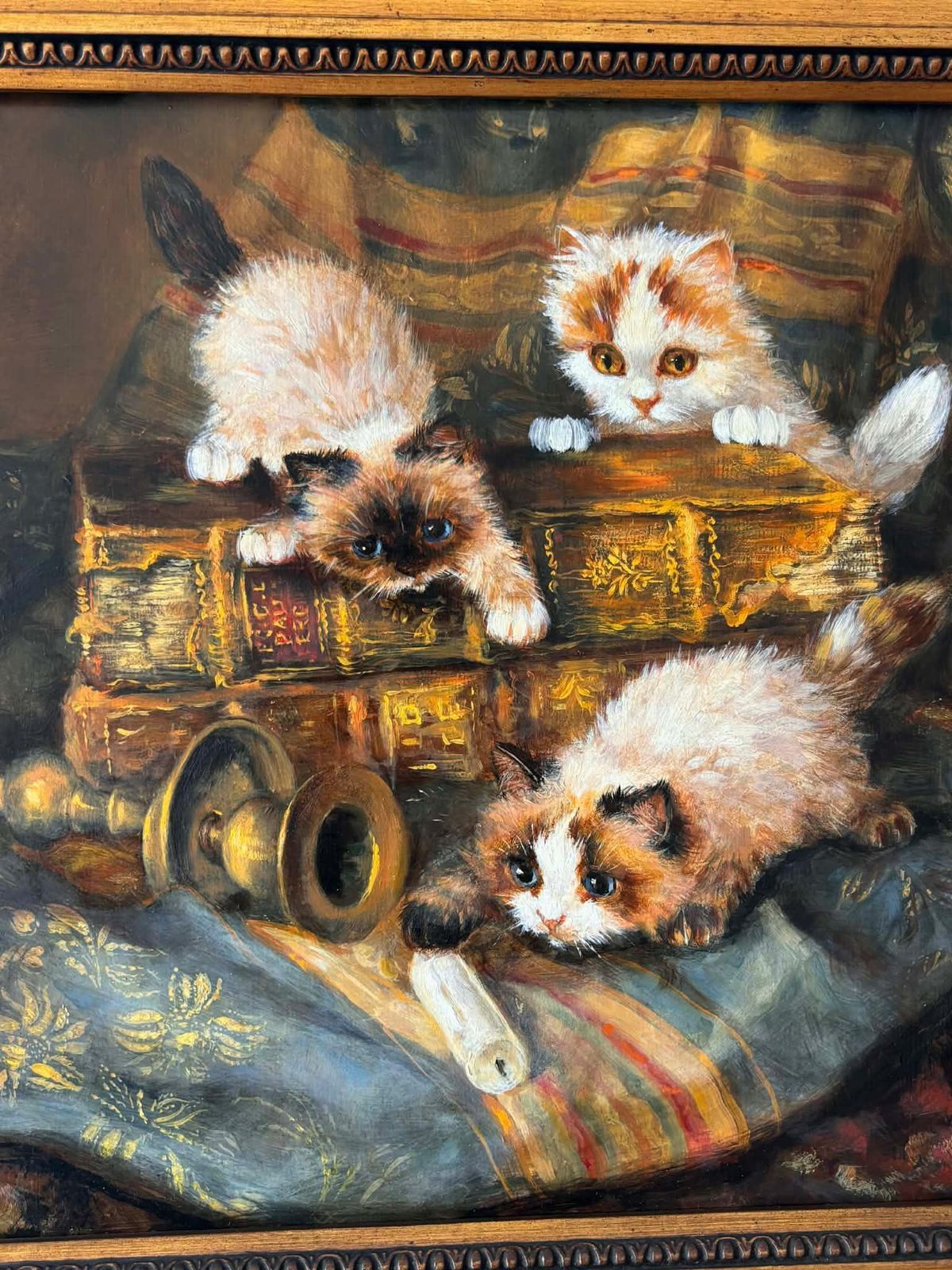 Vintage Oil Painting Kittens Playing, Ornate Gold Frame, Antique Style Cat Art, Collectible Animal Painting photo furniture