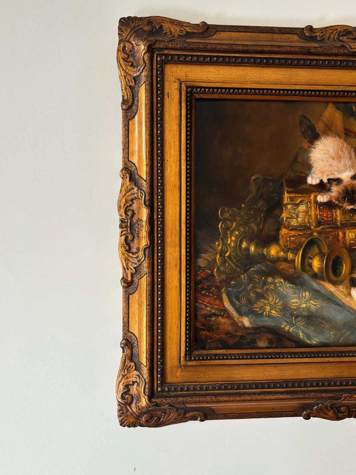 Vintage Oil Painting Kittens Playing, Ornate Gold Frame, Antique Style Cat Art, Collectible Animal Painting photo for sale