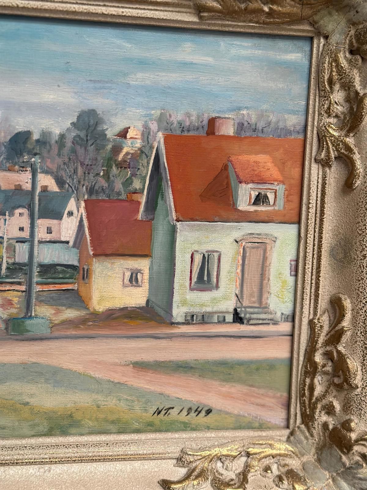 Art Original| Mid Century Oil On Canvas – “Village Street With Houses” By N.T. – Dated 1949 – Vintage & Framed – 37 × 44 Cm (14.6" × 17.3") photo