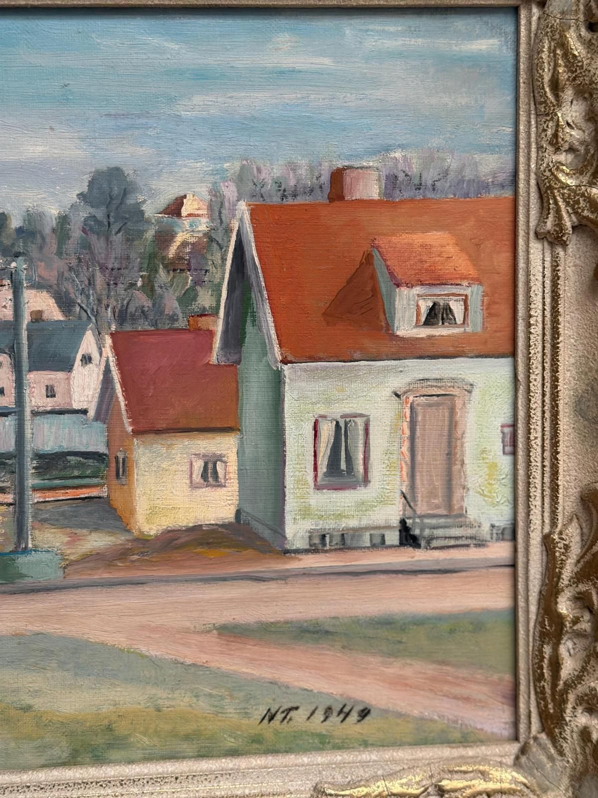 245.0 Original| Mid Century Oil On Canvas – “Village Street With Houses” By N.T. – Dated 1949 – Vintage & Framed – 37 × 44 Cm (14.6" × 17.3") photo