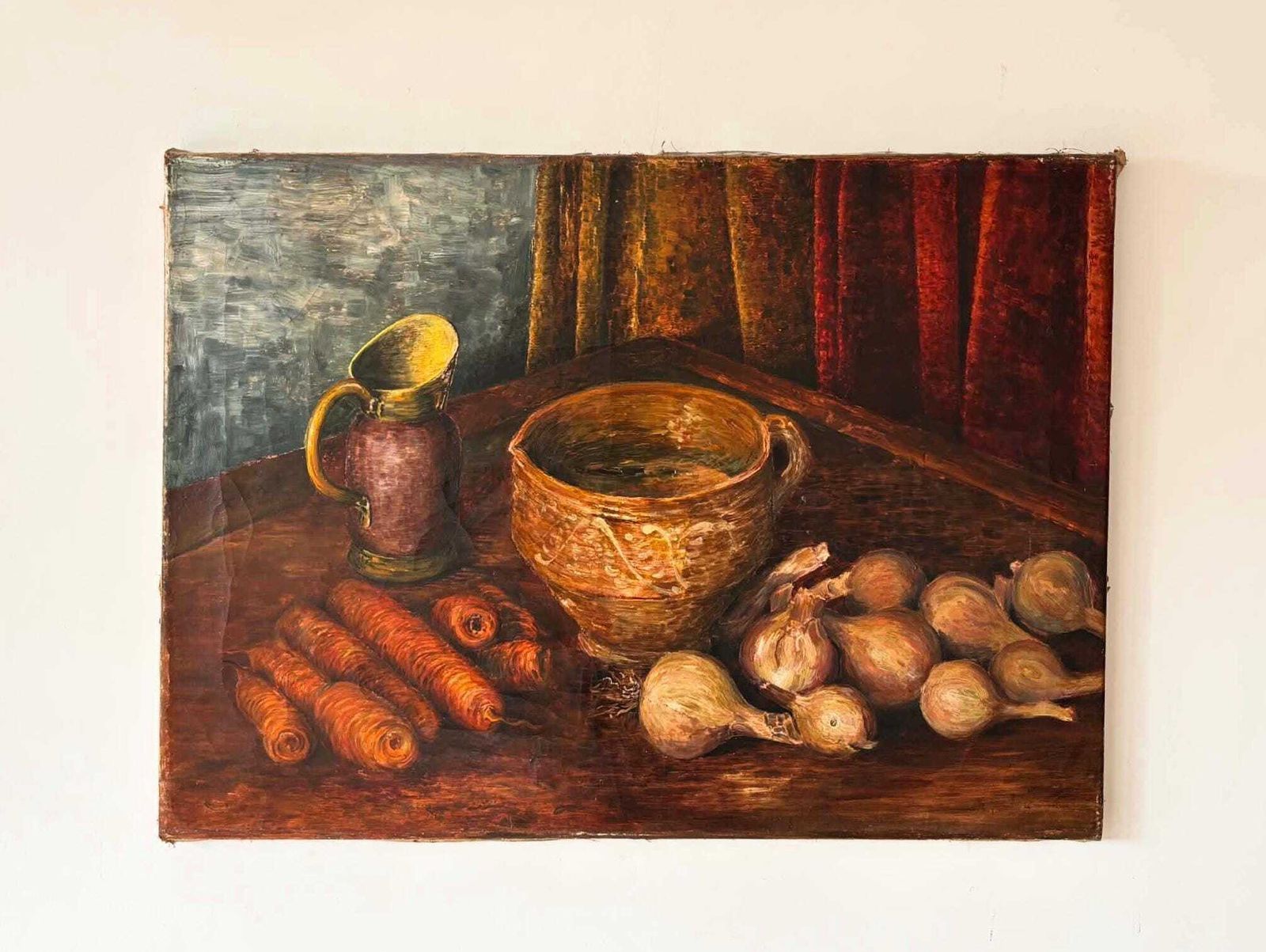 Antique Still Life Oil Painting With Pitcher, Carrots And Onions, Old Rustic Kitchen Painting On Canvas photo 362.0