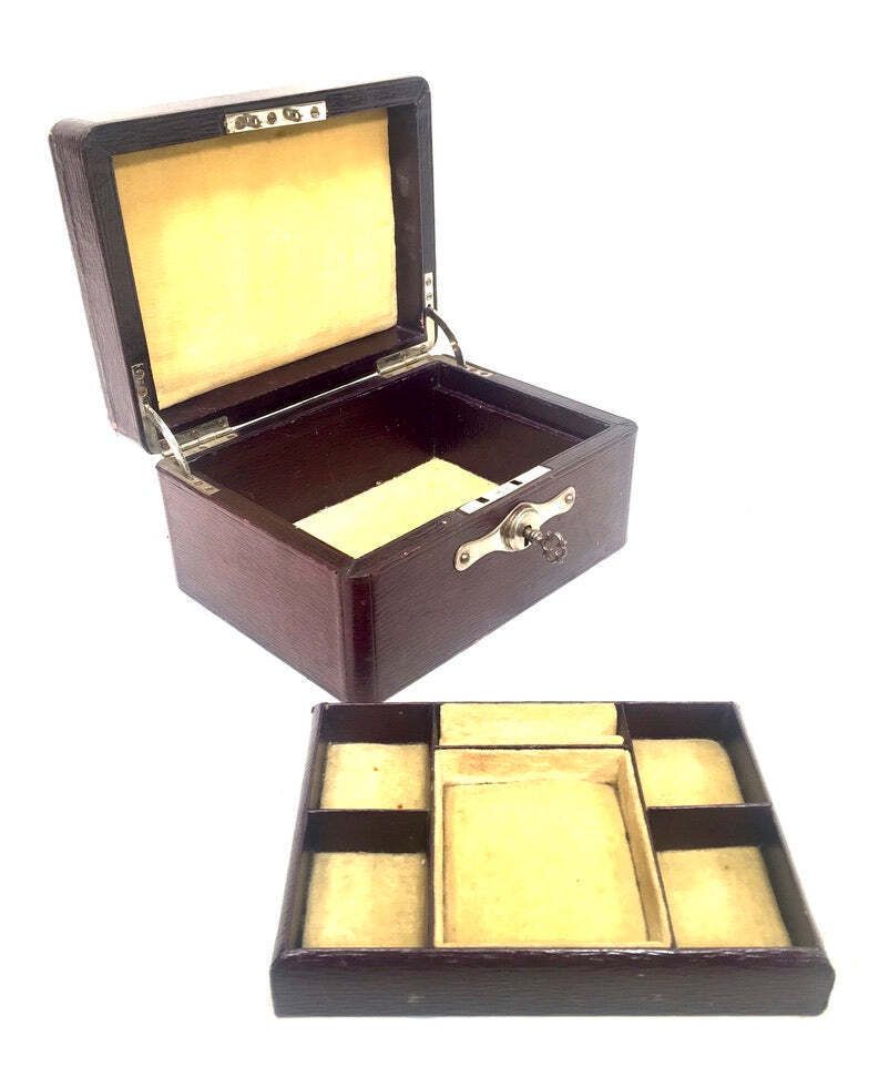 Antique Edwardian Leather Jewellery / Trinket Box With Key &Amp; Working Lock C.1910