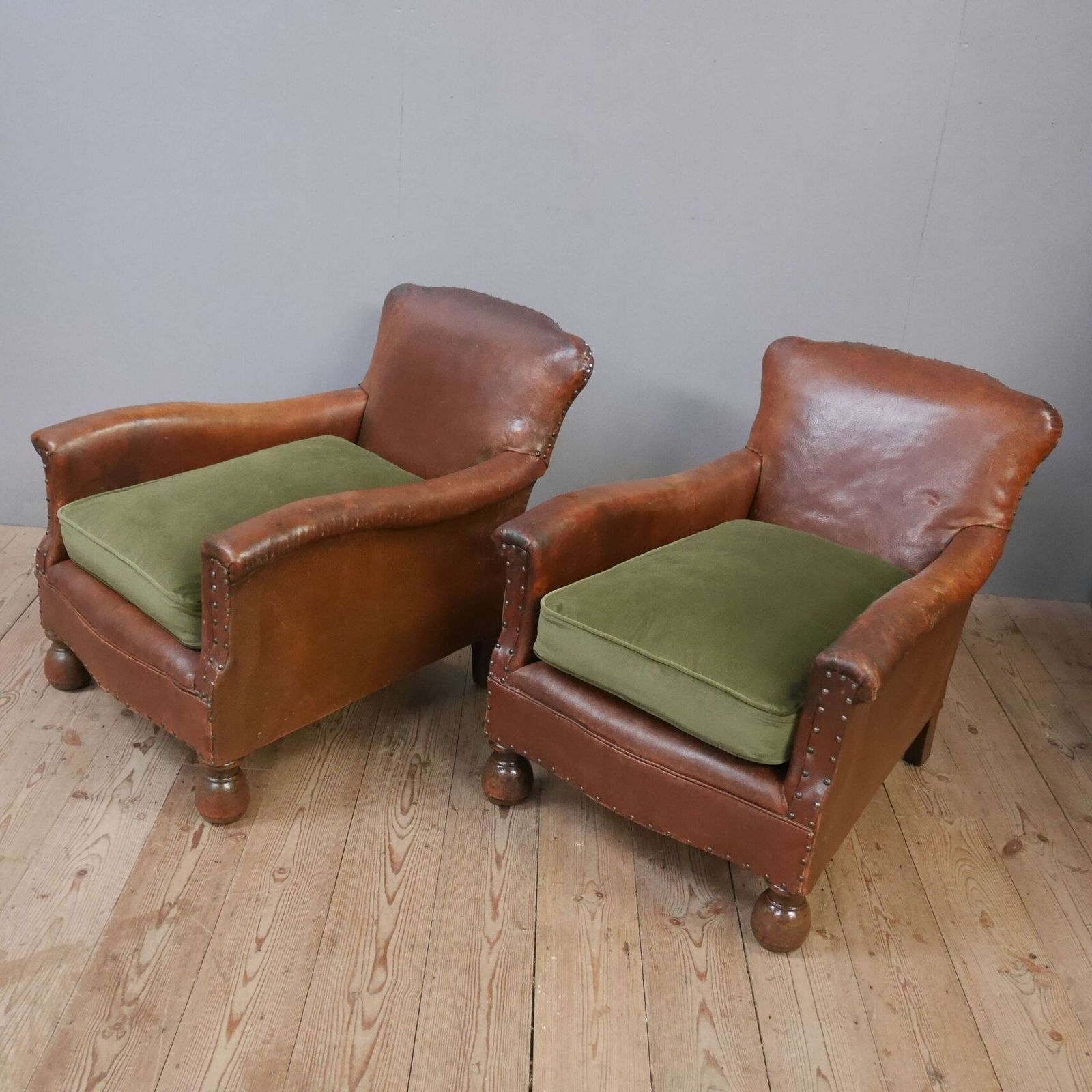 photo for sale Pair Of Early 20th C English Leather Club Chairs
