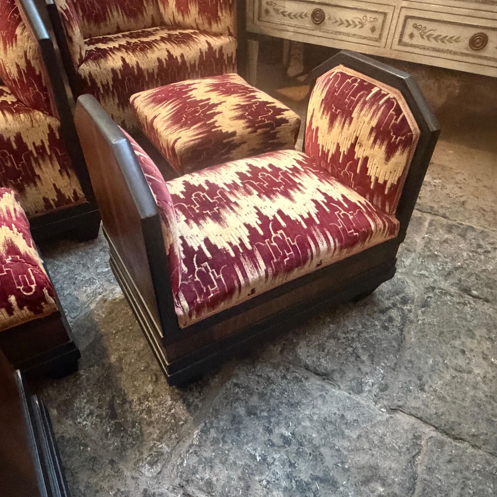 An Italian 1930s Wood And Original Fabric 6 Pieces Living Room Set photo Furniture
