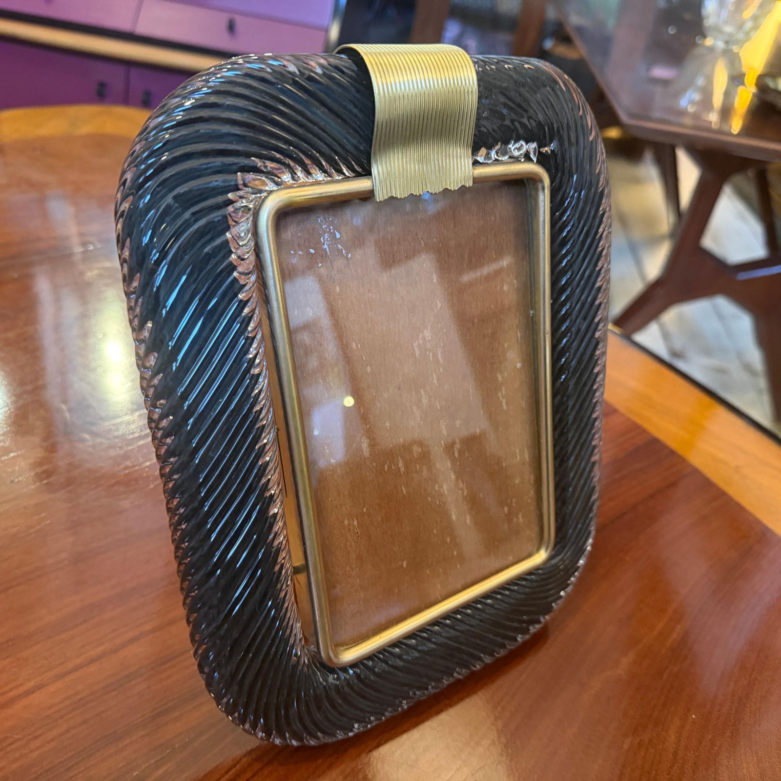 photo furniture 1990s Barovier Style Art Deco Black Murano Glass And Brass Picture Frame