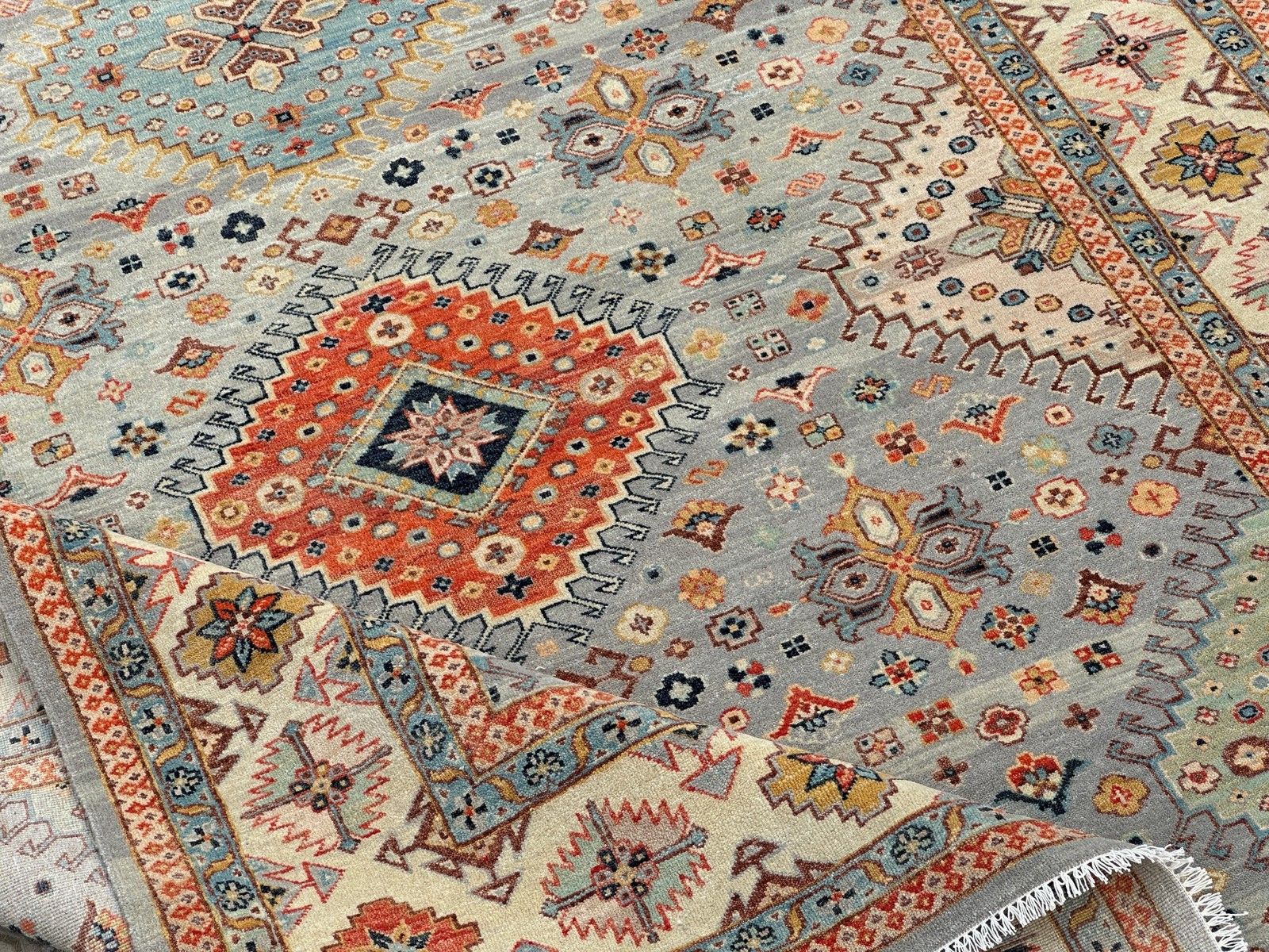 Tapis en laine noué à la main, motif médaillon géométrique bleu, 245 x 305 cm (8 x 10 ft), moderne photo Textiles