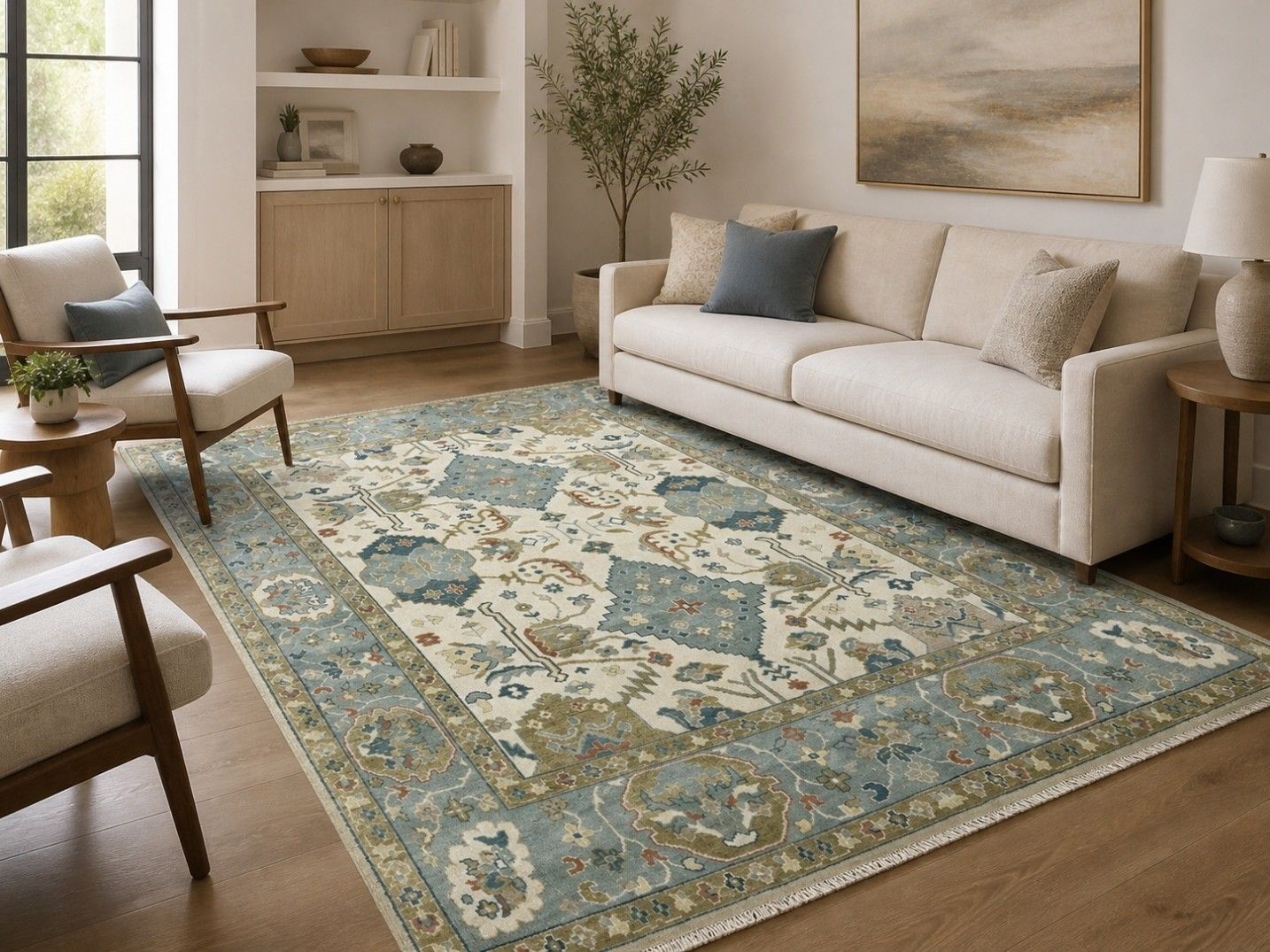 Tapis en laine fait main contemporain 8 x 10 ft, motif floral ivoire et bleu photo furniture