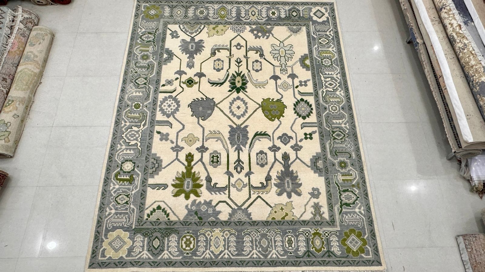 8x10 Ft Hand Knotted Oushak Wool Area Rug, Ivory, Green Floral Design Carpet photo for sale