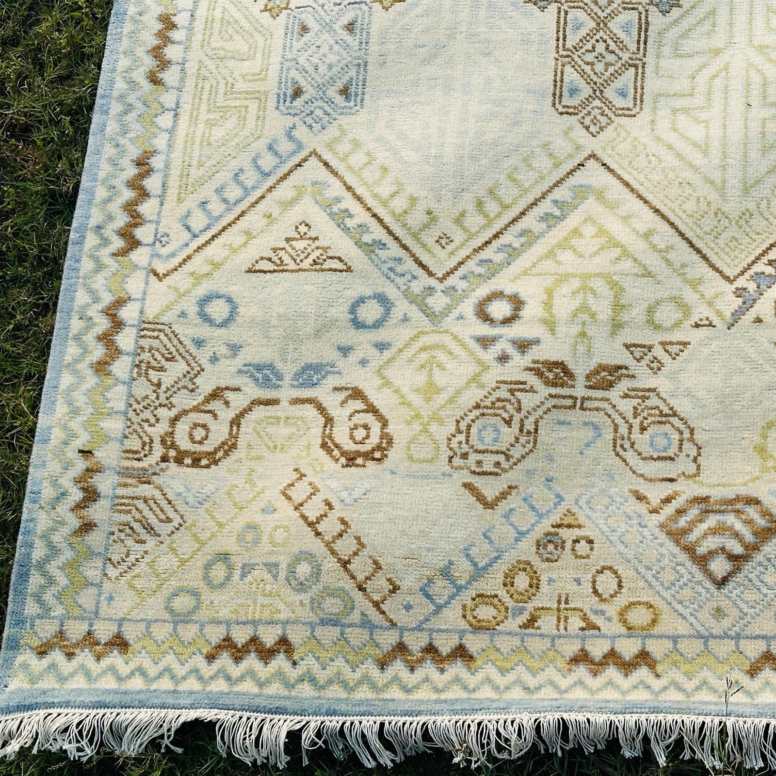8x10 Ft Hand Knotted Oushak Wool Area Rug. Geometric Design Beige Carpet photo vinterior