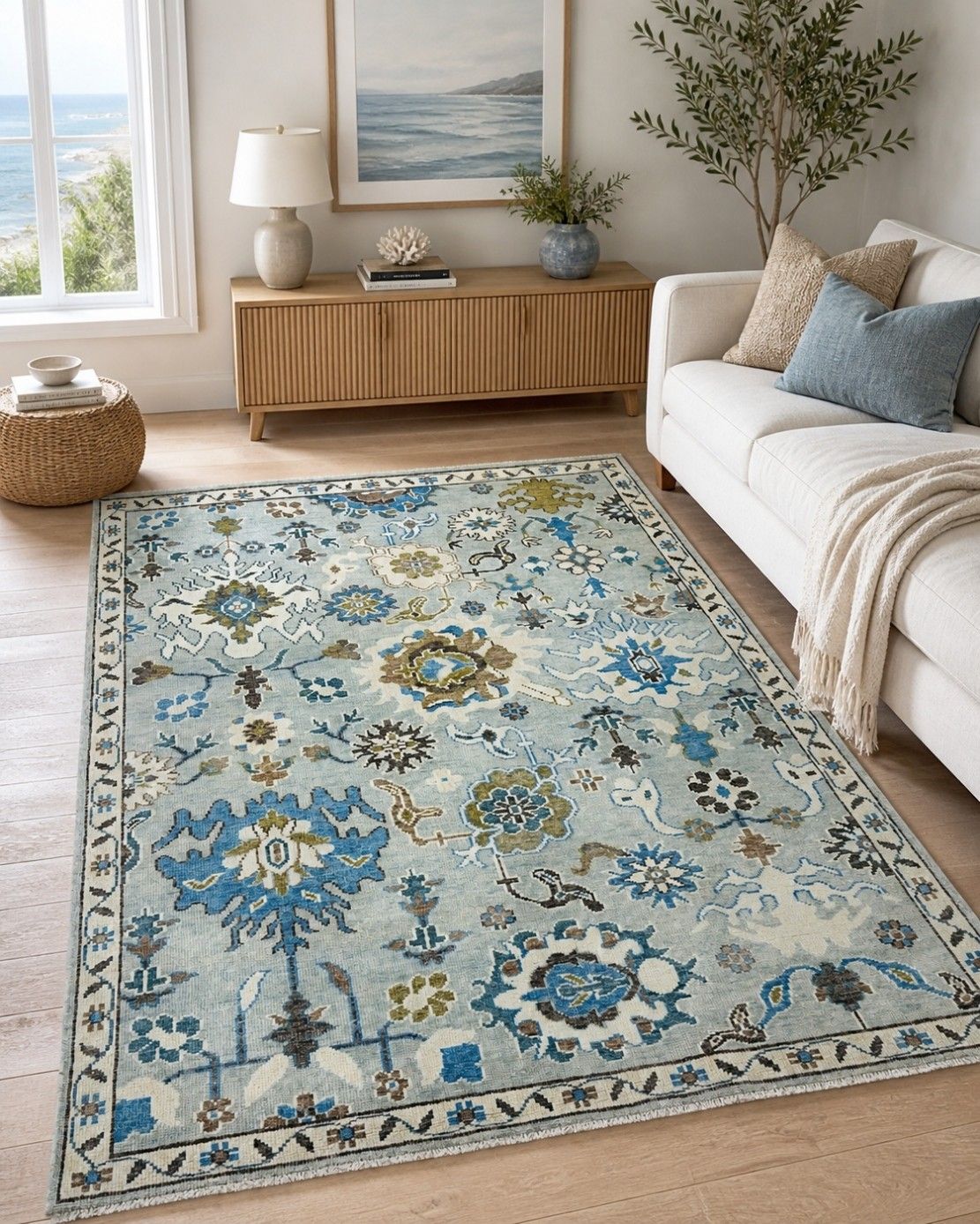 Tapis Oushak en laine fait main 8 x 10 ft, motif floral bleu photo furniture