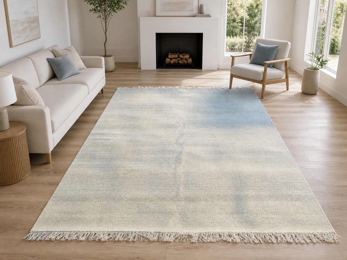Tapis artisanal 245 x 305 cm (8 x 10 ft) minimaliste en ivoire, laine et bambou, noué à la main