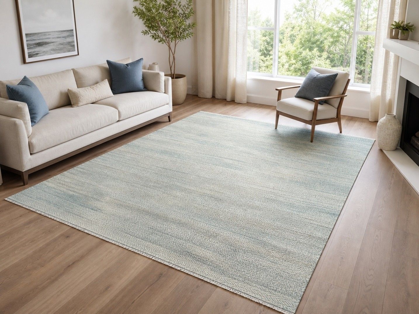 Tapis artisanal 245 x 305 cm (8 x 10 ft) minimaliste en ivoire, laine et bambou, noué à la main photo furniture