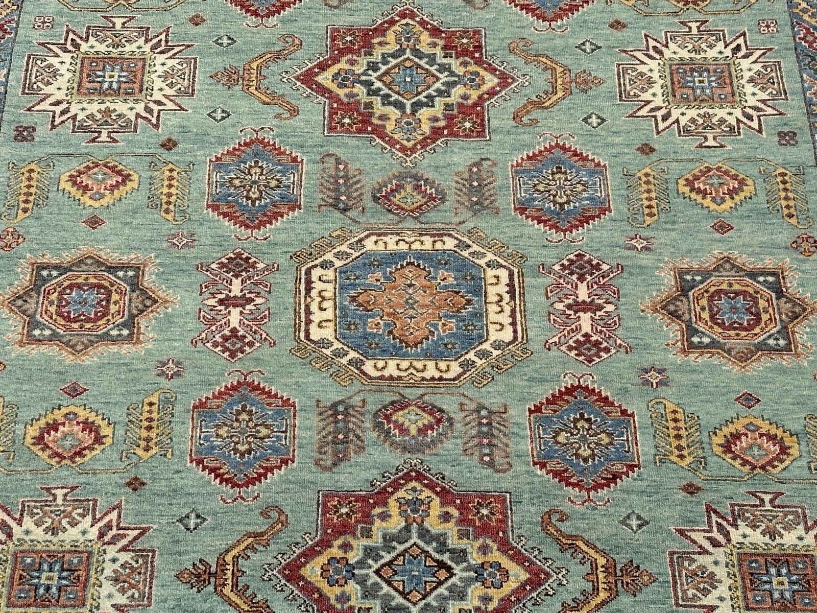 Handgeknoopt wollen vloerkleed 245 x 305 cm, turquoise geometrisch patroon photo Textiel