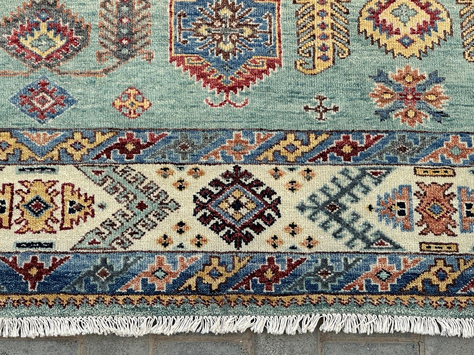 Handgeknoopt wollen vloerkleed 245 x 305 cm, turquoise geometrisch patroon photo 2843.0