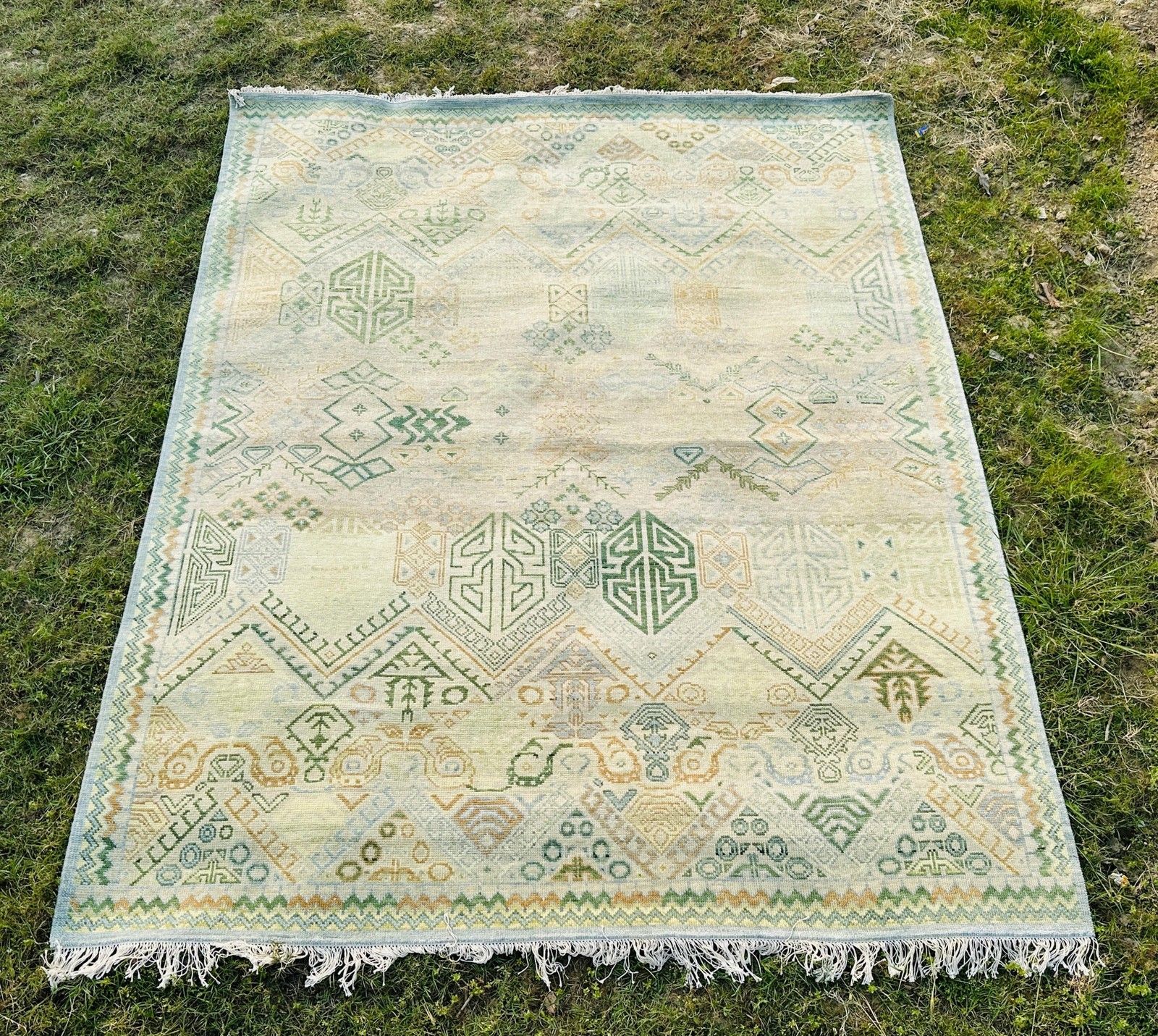 8x10 Ft Hand Knotted Wool Area Rug, Oushak Ivory Sage Green Design Carpet photo for sale
