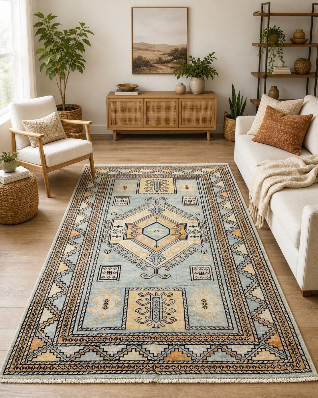 8x10 Ft Handgeknoopt Oushak Wollen Vloerkleed Met Geometrisch Medaillonmotief