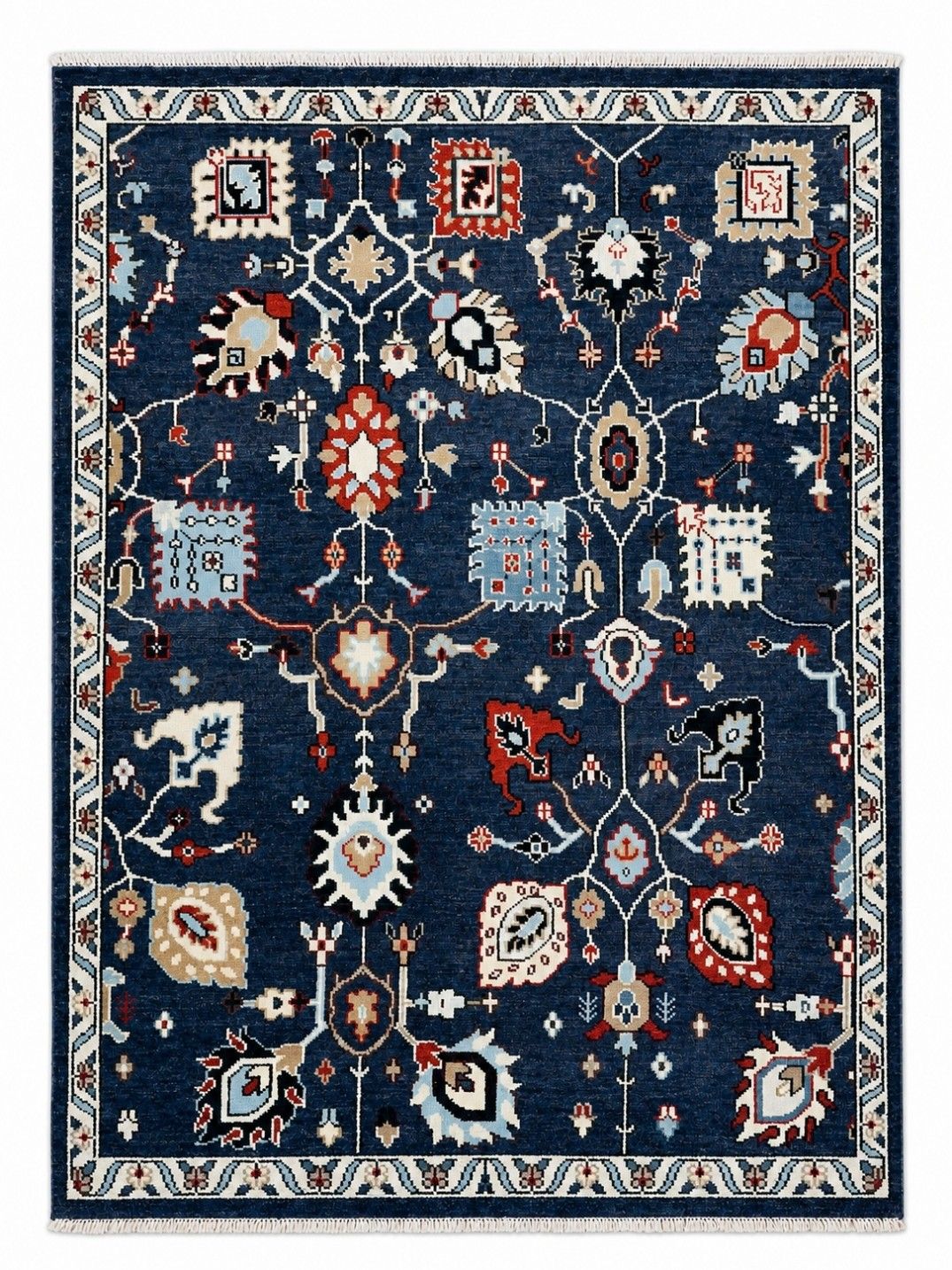 Tapis de sol en laine noué à la main 245 x 305 cm, motif floral Oushak bleu marine photo furniture