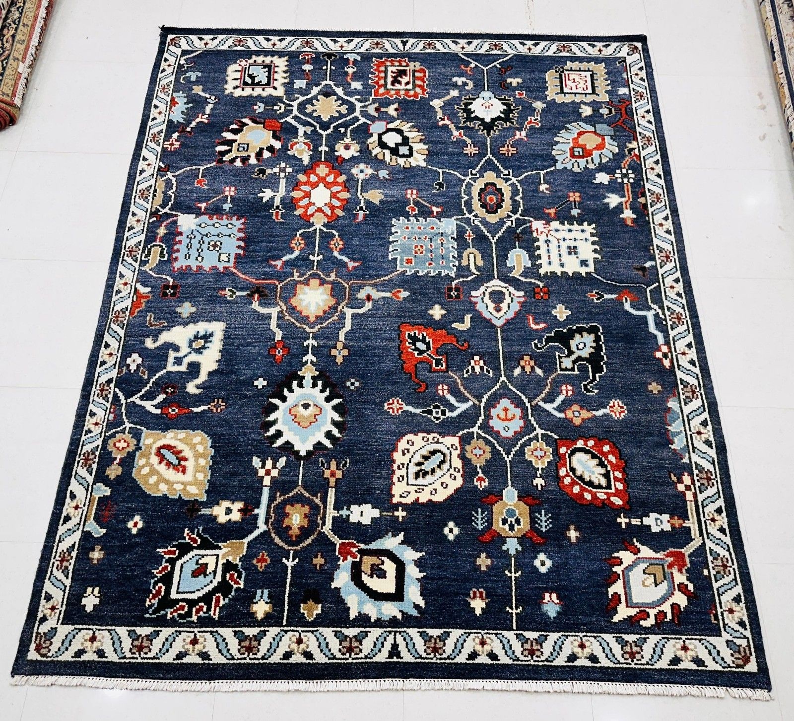 8x10 Ft Handgeknoopt Wollen Vloerkleed, Oushak Marineblauw Bloemmotief Tapijt photo for sale