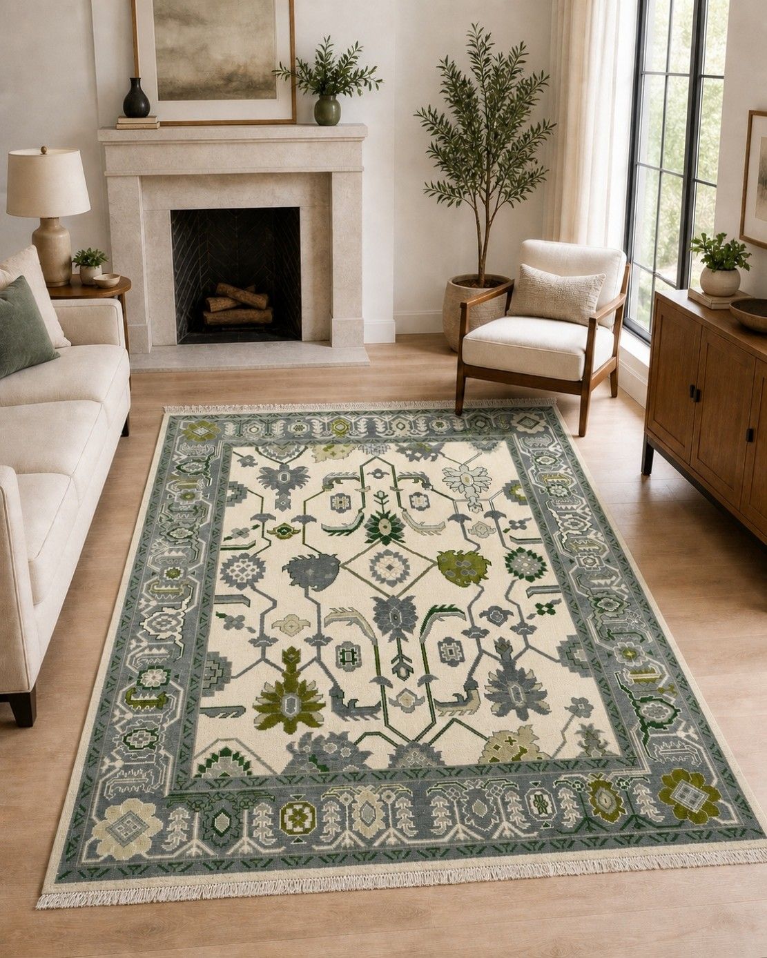 9x12 Ft Hand Knotted Large Area Rug,  Oushak Green Floral Design Wool Carpet photo furniture