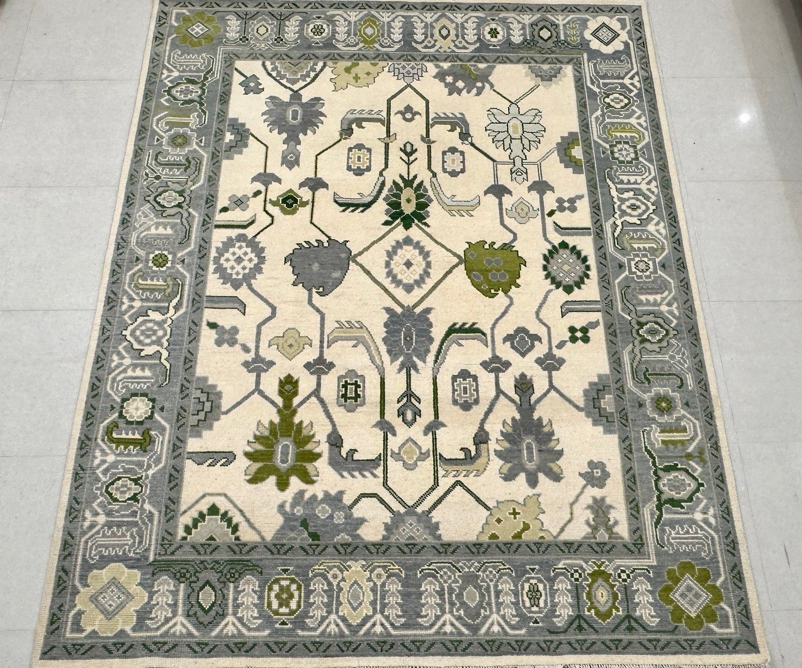 9x12 Ft Hand Knotted Large Area Rug,  Oushak Green Floral Design Wool Carpet photo for sale